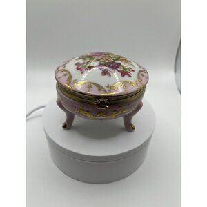 Porcelain Hand Painted Trinket Box Hinged Lid 4 Pedestal Legs Pink Floral VTG